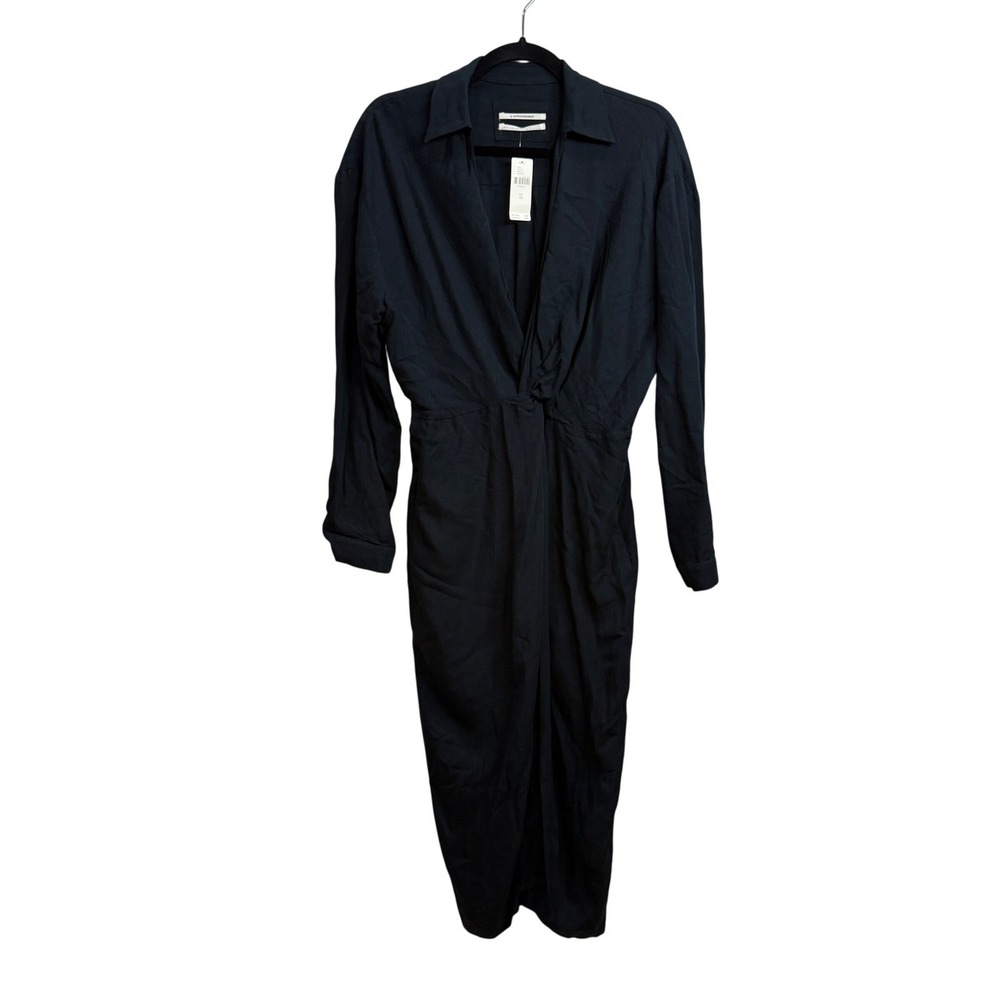 Anthropologie Black Long Sleeve Twist Front Midi Dress Old Money Quiet Luxury 10